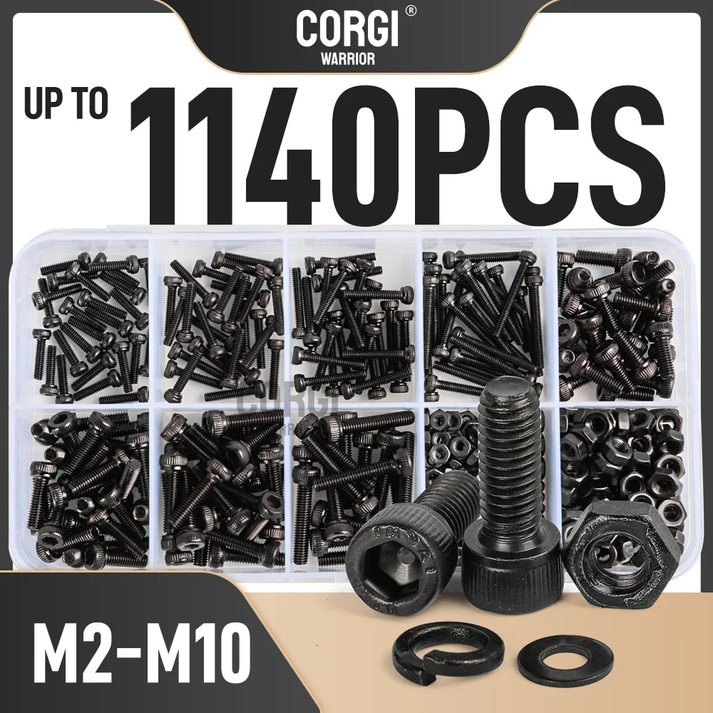 Up to 1140 Black Steel Socket Head Hex Round Cap Screws Set M2 M3 M4 M5 M6 Grade 12.9 DIN912 Allen Bolts Nuts Assortment Kit Tool Box