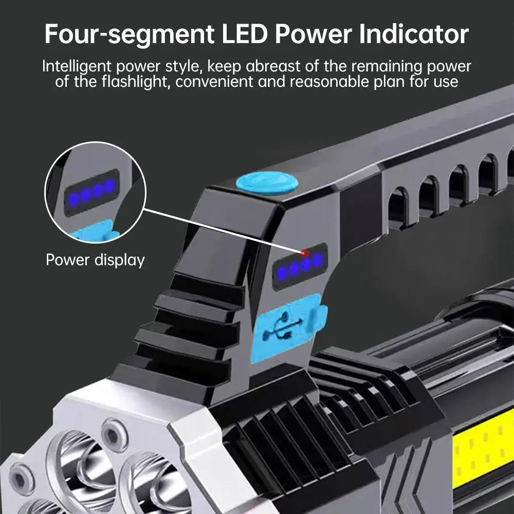 A close up of the high power led flashlight handle which shows its 4 segment LED power indicator.