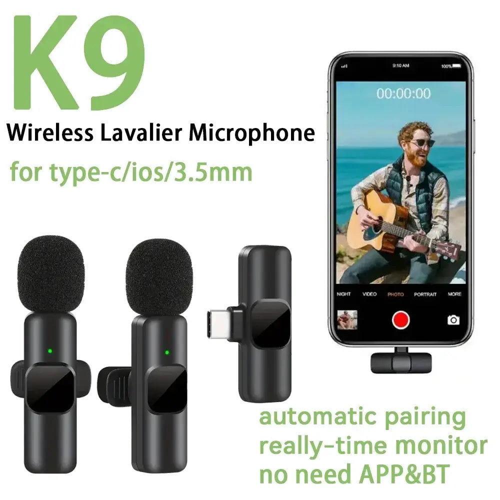 A graphic displaying the K9 mini wireless microphones automatic pairing capabilities.