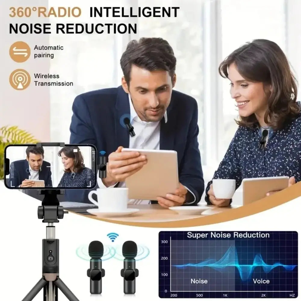 A graphic depicting the K9 mini wireless microphones intelligent noise reduction features.