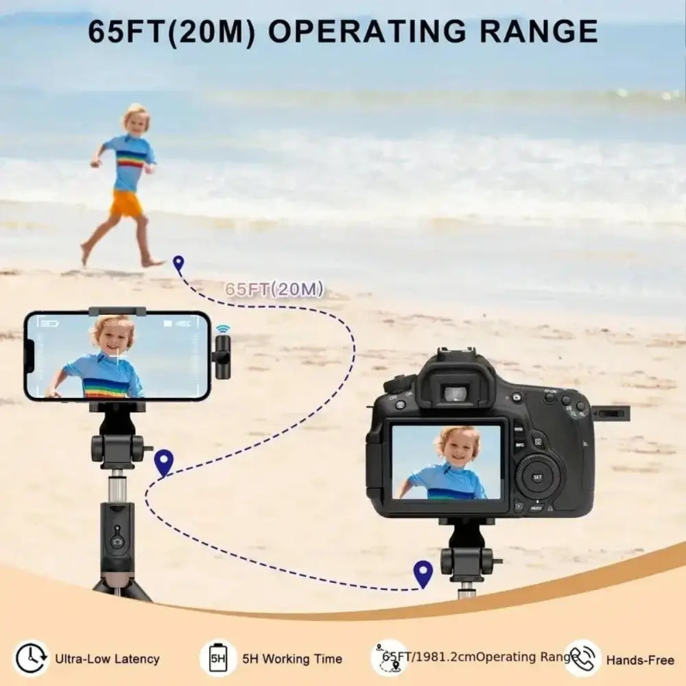 A boy running along the beach wearing the K9 mini wireless microphone attached to his lapel, being recorded by a camera and smart phone, showing the devices 65feet or 20meter range.