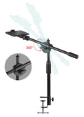 The overhead tripod phone mount and arrows showing its 360 degree swivel head.