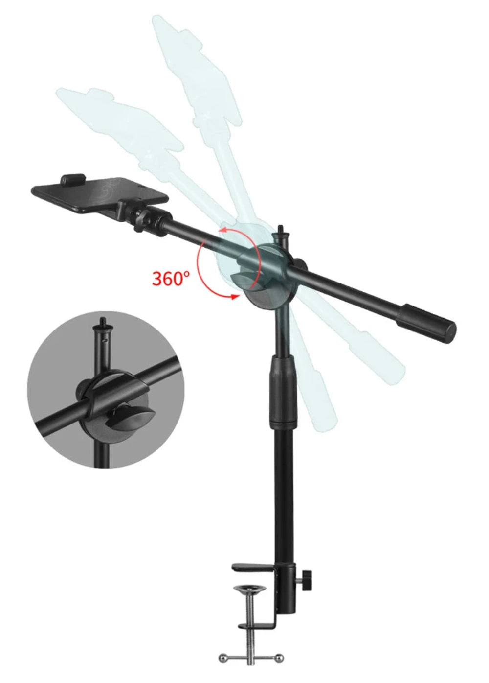 The overhead tripod phone mount and arrows showing its 360 degree swivel head.