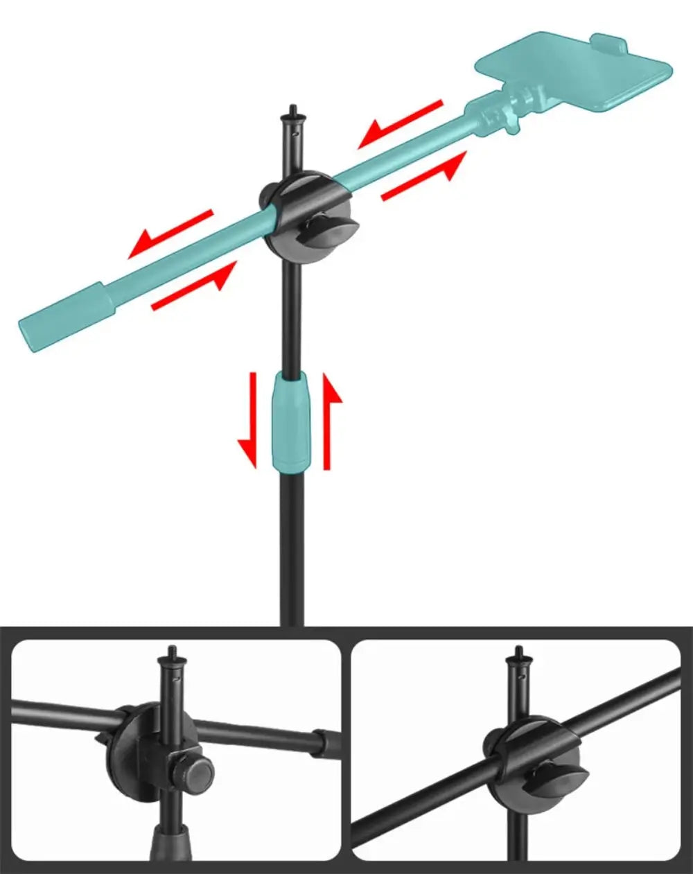 3 images of the overhead tripod phone mount, showing its adjustable toggle for the overhead mount and also the main arm.