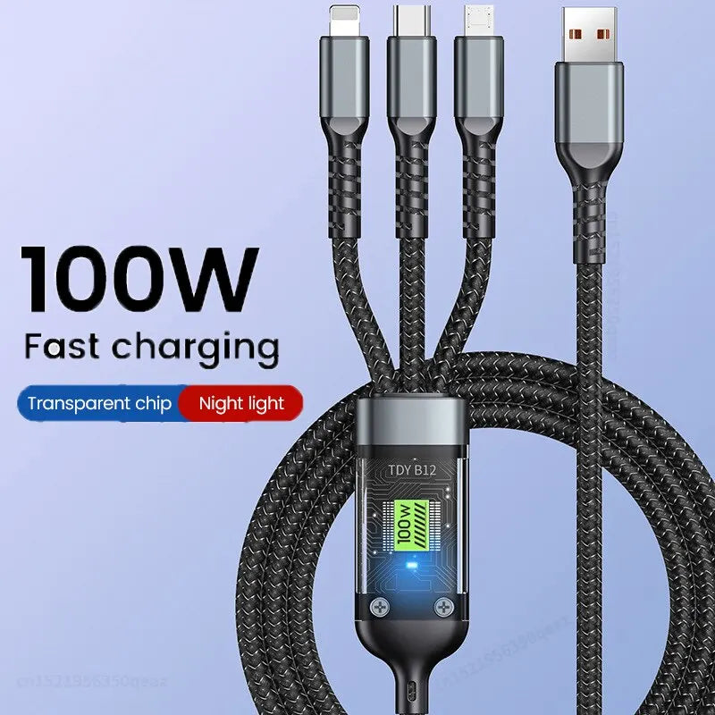 High-speed 100W fast charging cable with transparent chip and LED night light.