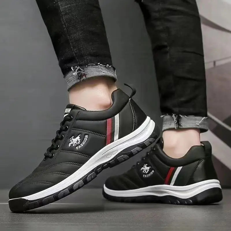 Black and white men's running sneakers with stylish design and durable outsole.